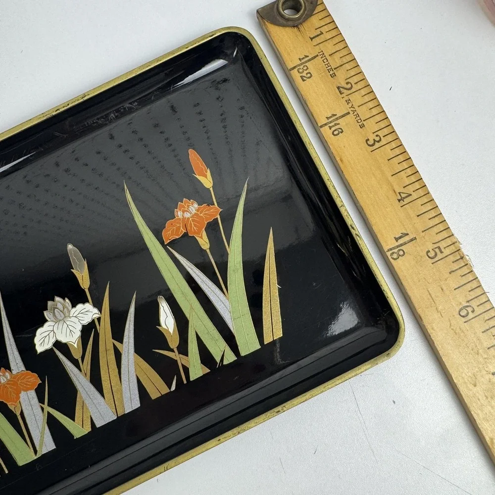 VVtg Otagiri Japan Black Lacquer Tray Iris Floral Gold MCM Serving‎ Trayr